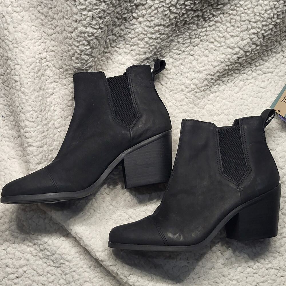 NWT TOMS Everly Heeled Bootie womens Black Leather boots size 9.5